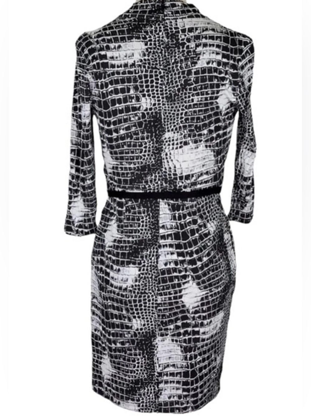 CATHERINE MALANDRINO Black/White Snakeskin Print Belted Silk Dress M - Picture 4 of 5